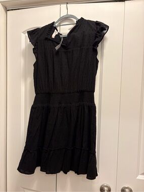 LOFT Black Textured Tiered Dress with Smocked Waist